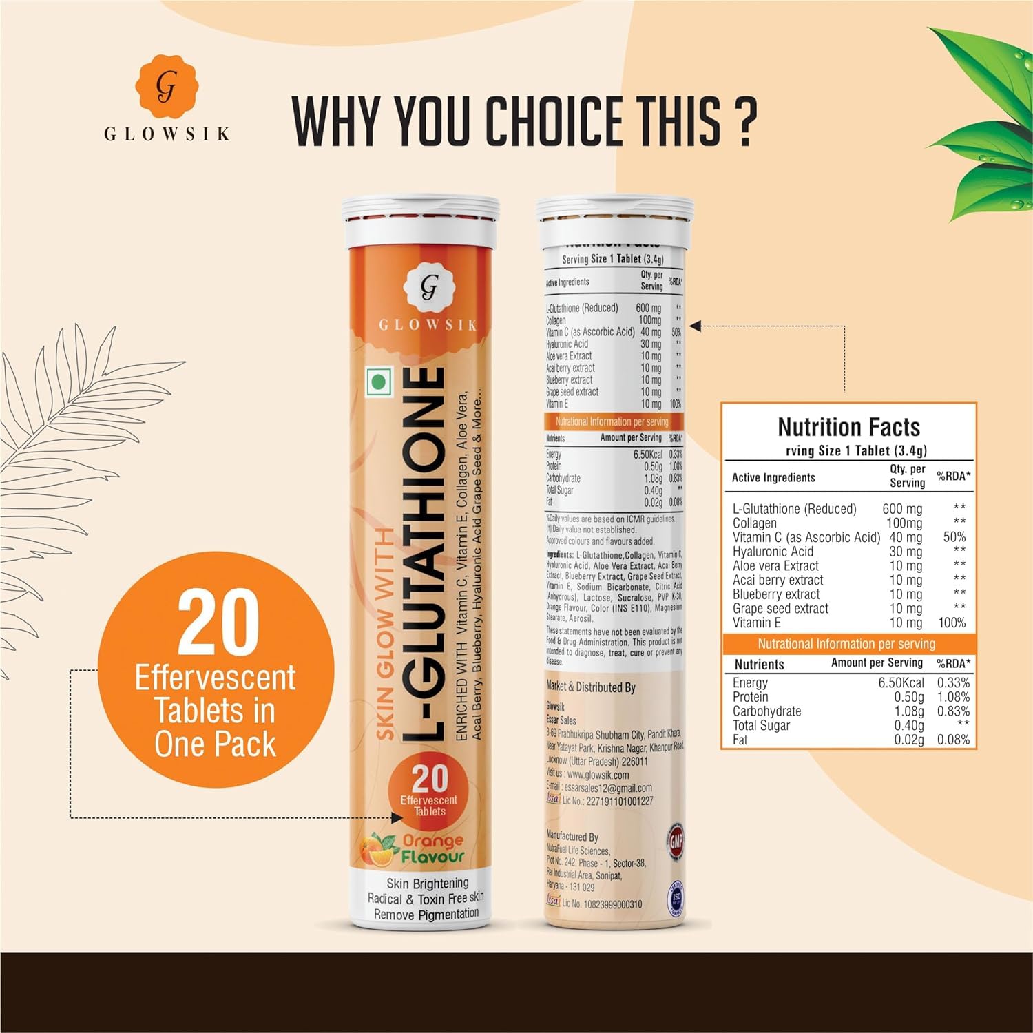 Glowsik Glutathione - 20 Effervescent Tablets for Skin, 600 Mg Glutathione Reduced With Vitamin C | Orange Flavour | Pack of 2